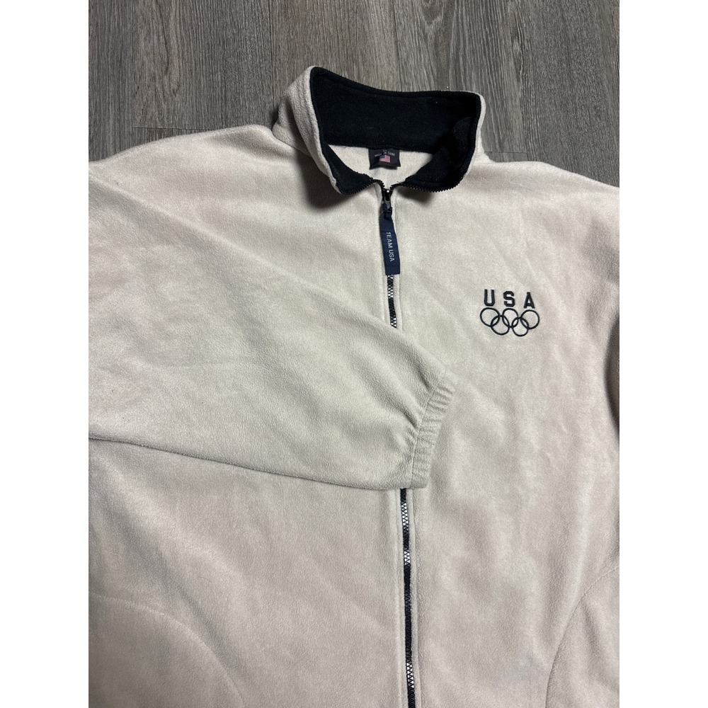 Vintage Team USA Olympic Fleece Jacket Mens XL Full Zip Cream Beige Rings Logo